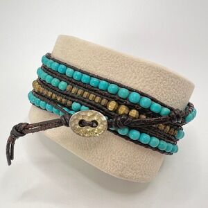 Nakamol Wrap Bracelet Turquoise Brass Gold Brown Leather Boho Layered 34"